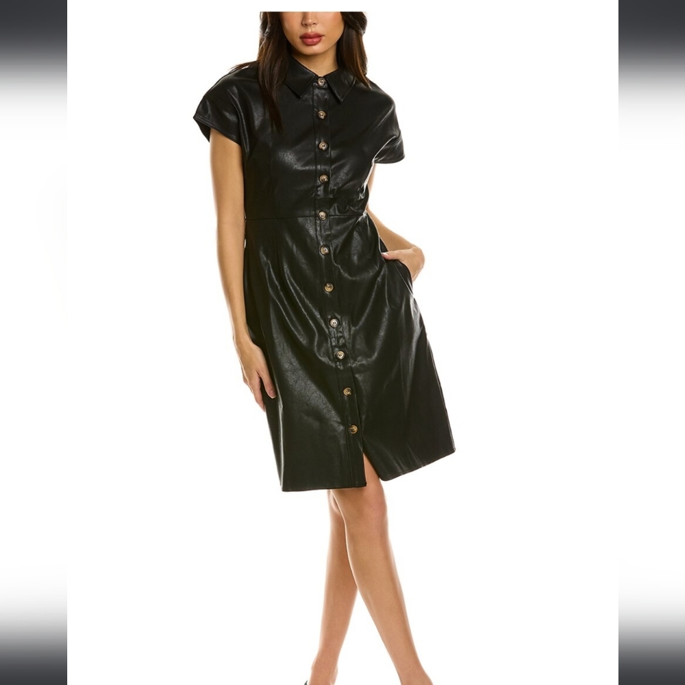 NWT Gracia vegan leather black button up shirt dress